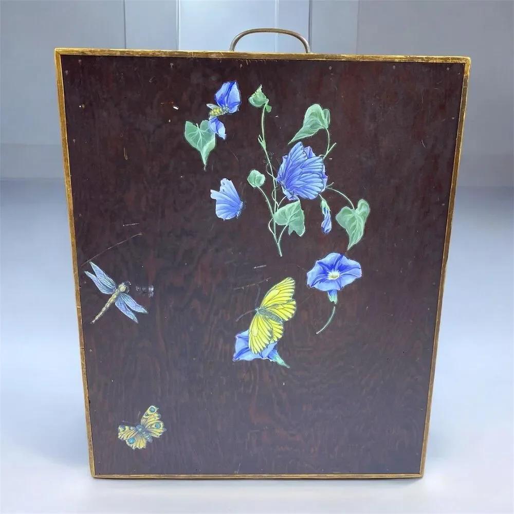 Vintage 1950s Portable Sewing Cabinet Box Folds Wooden‎ + 26 Threads w/Handle